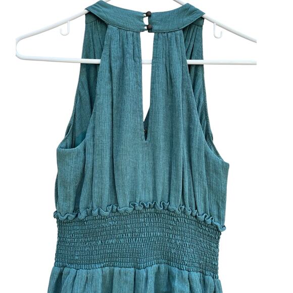 Anthropologie Green Halter Style Bionda Plisse Wide Leg Jumpsuit Pockets XSP - Picture 9 of 9